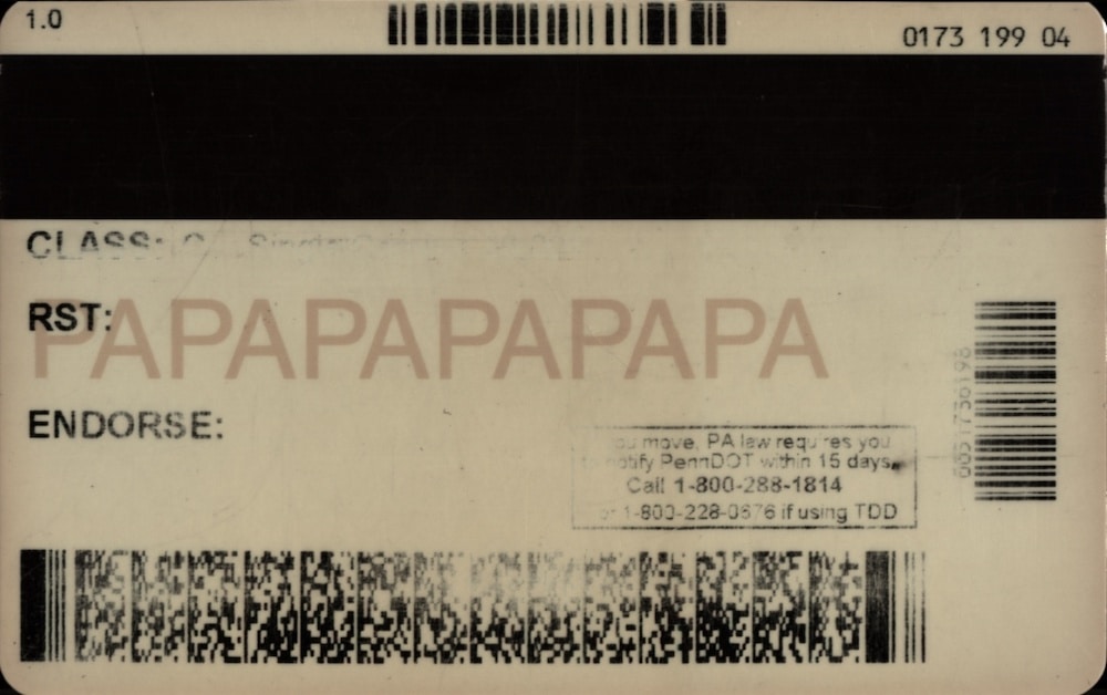 Back of a sample drivers license from Pennsylvania